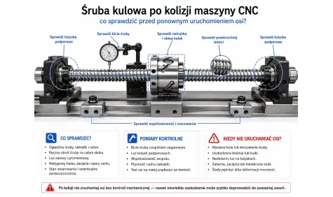 Kontrola śruby kulowej po kolizji maszyny CNC z zaznaczonymi punktami pomiaru bicia, łożysk, nakrętki i bieżni
