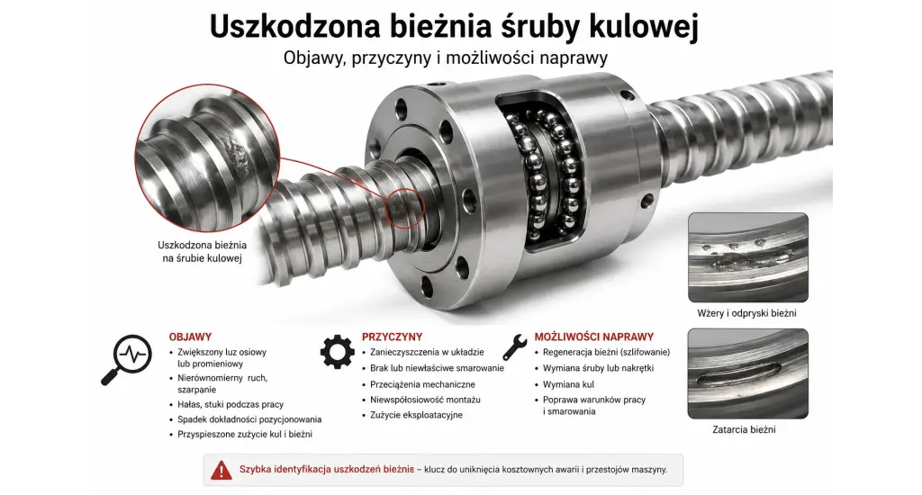 Uszkodzona bieżnia śruby kulowej z widocznymi wżerami, odpryskami i zatarciami
