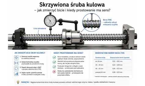 Pomiar bicia skrzywionej śruby kulowej za pomocą czujnika zegarowego