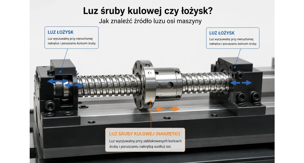 Diagnostyka luzu śruby kulowej i łożysk podporowych osi maszyny
