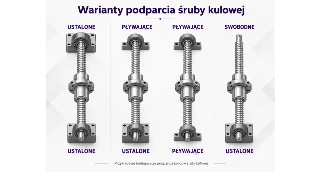 Warianty podparcia śruby kulowej: podparcie ustalone, pływające i swobodne