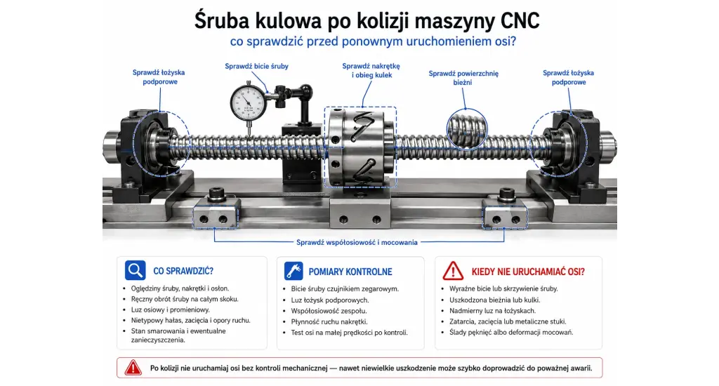 Kontrola śruby kulowej po kolizji maszyny CNC z zaznaczonymi punktami pomiaru bicia, łożysk, nakrętki i bieżni