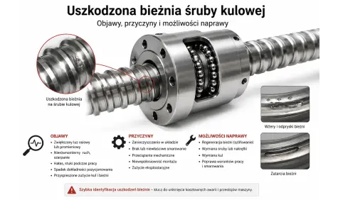 Uszkodzona bieżnia śruby kulowej z widocznymi wżerami, odpryskami i zatarciami