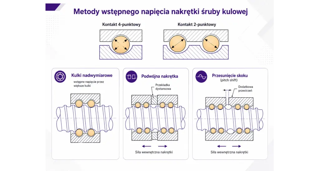 Rodzaje napięcia wstępnego w śrubach kulowych: kulki nadwymiarowe, podwójna nakrętka i przesunięcie skoku