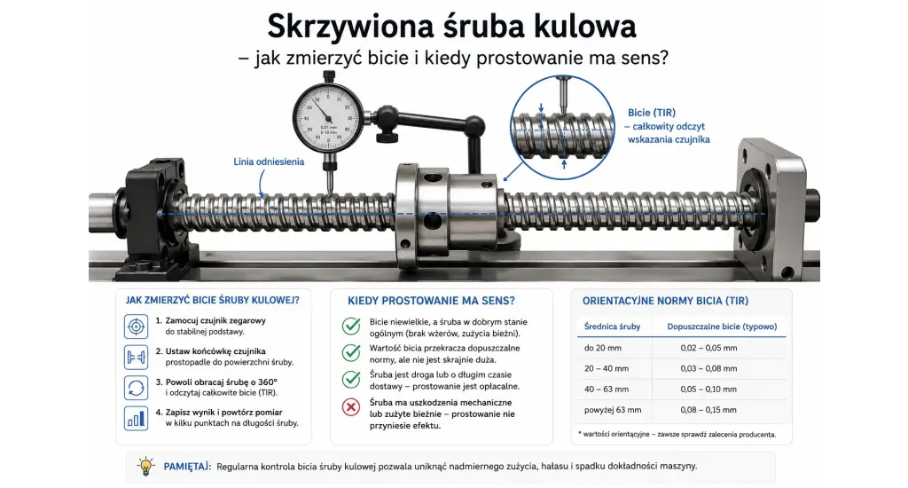 Pomiar bicia skrzywionej śruby kulowej za pomocą czujnika zegarowego