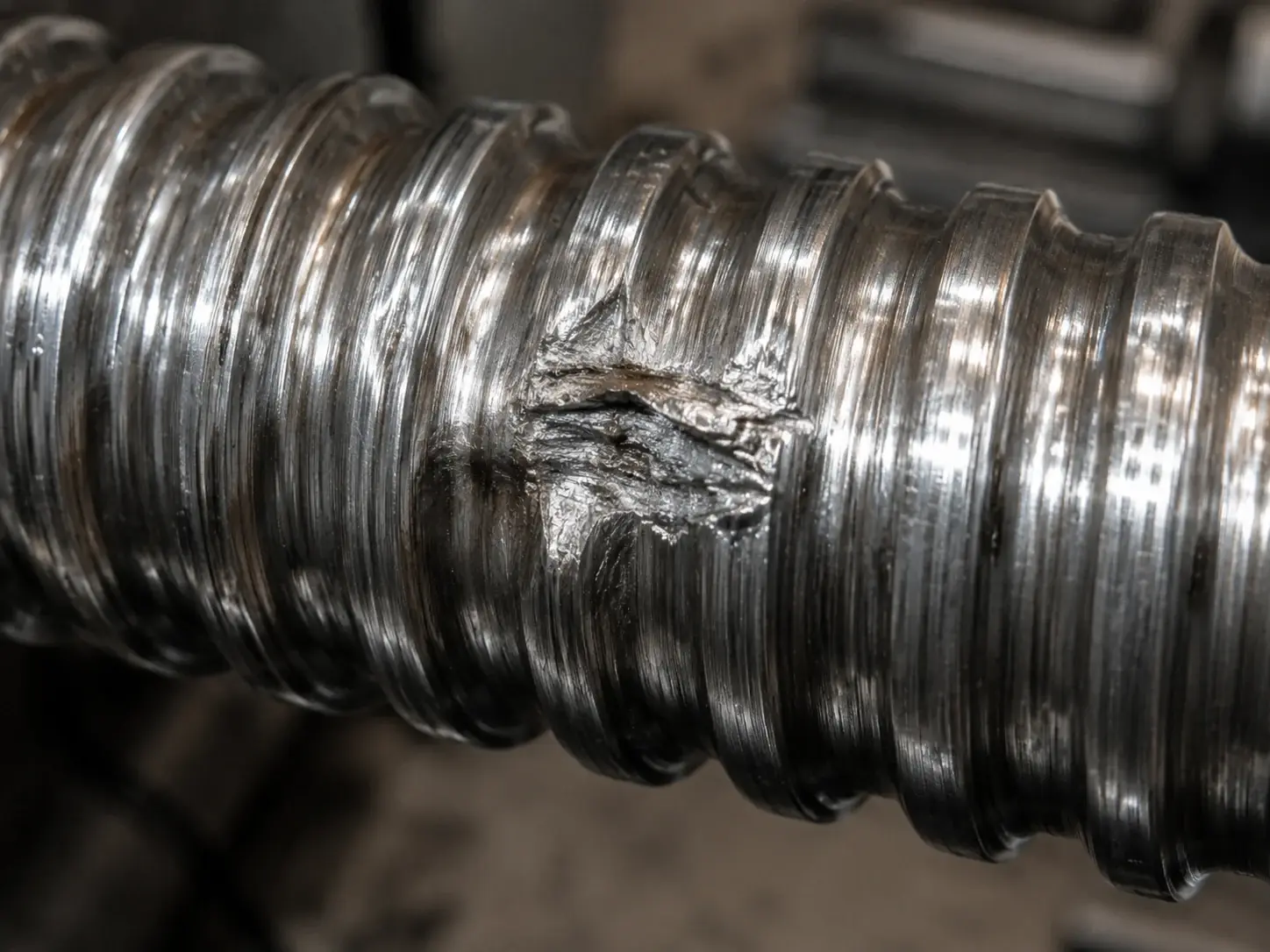 Wgniecenie i mechaniczne uszkodzenie gwintu śruby kulowej po kolizji